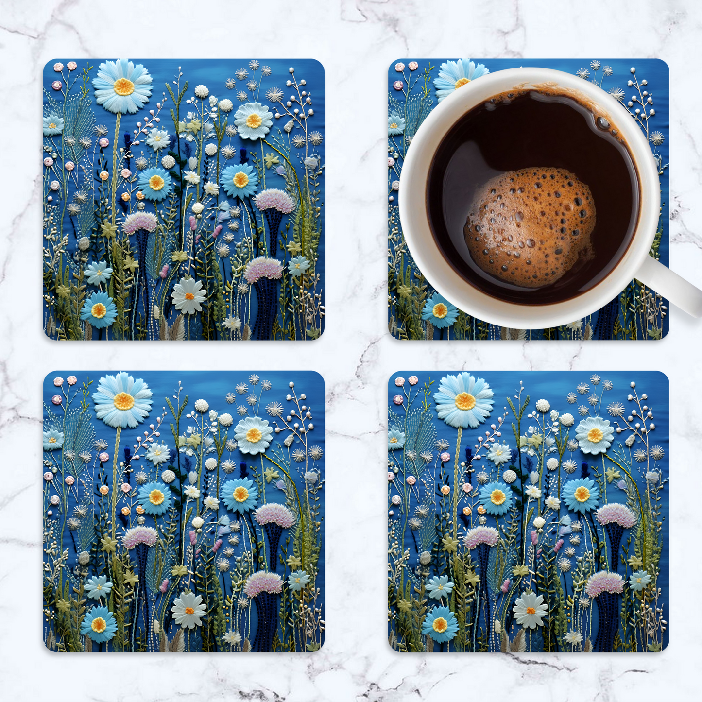 3D flowers Embroidery Design Square Coaster