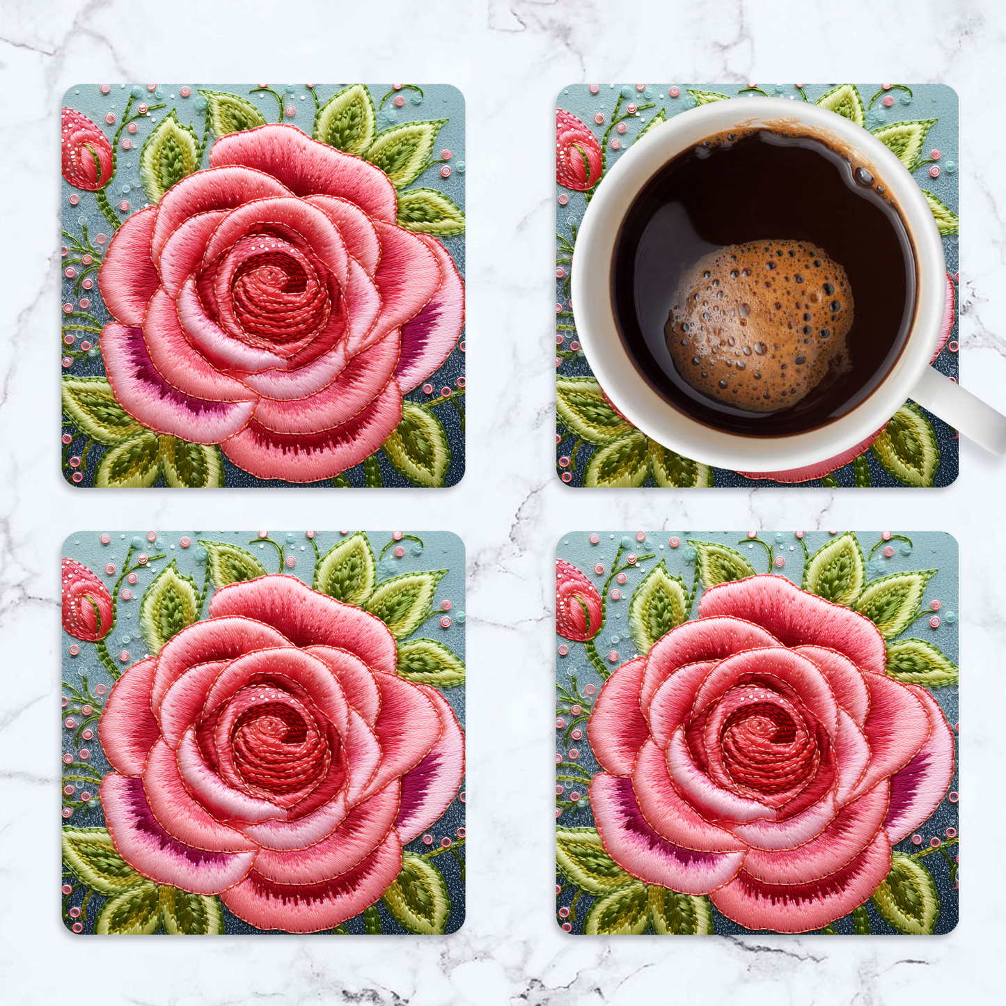 3D flowers Embroidery Design Square Coaster
