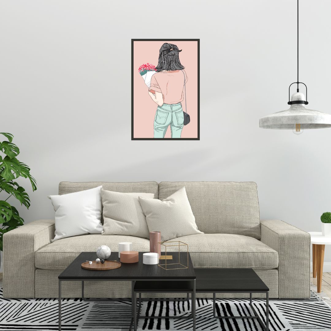 Cute Girl holding Flowers Bouquet Wall Art