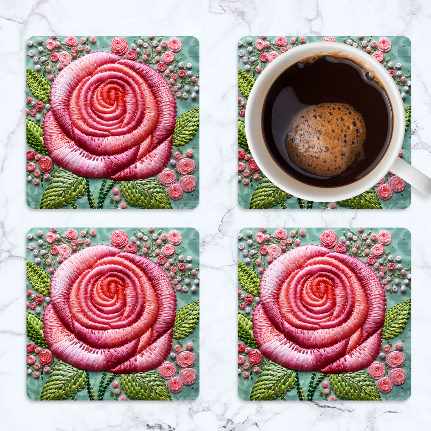 3D flowers Embroidery Design Square Coaster