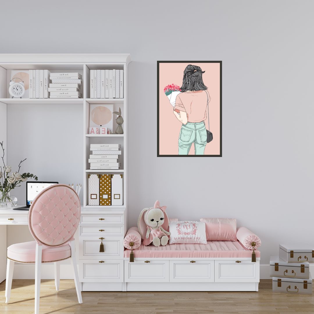 Cute Girl holding Flowers Bouquet Wall Art