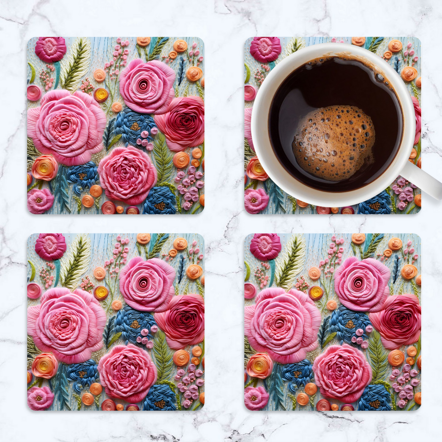 3D flowers Embroidery Design Square Coaster