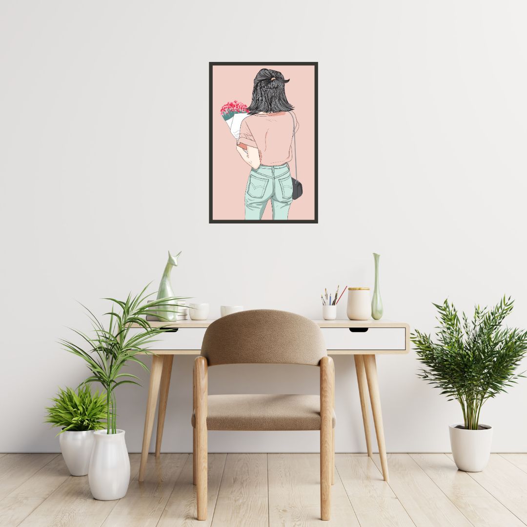 Cute Girl holding Flowers Bouquet Wall Art