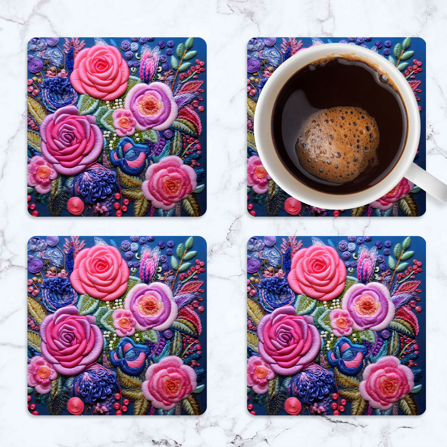 3D flowers Embroidery Design Square Coaster