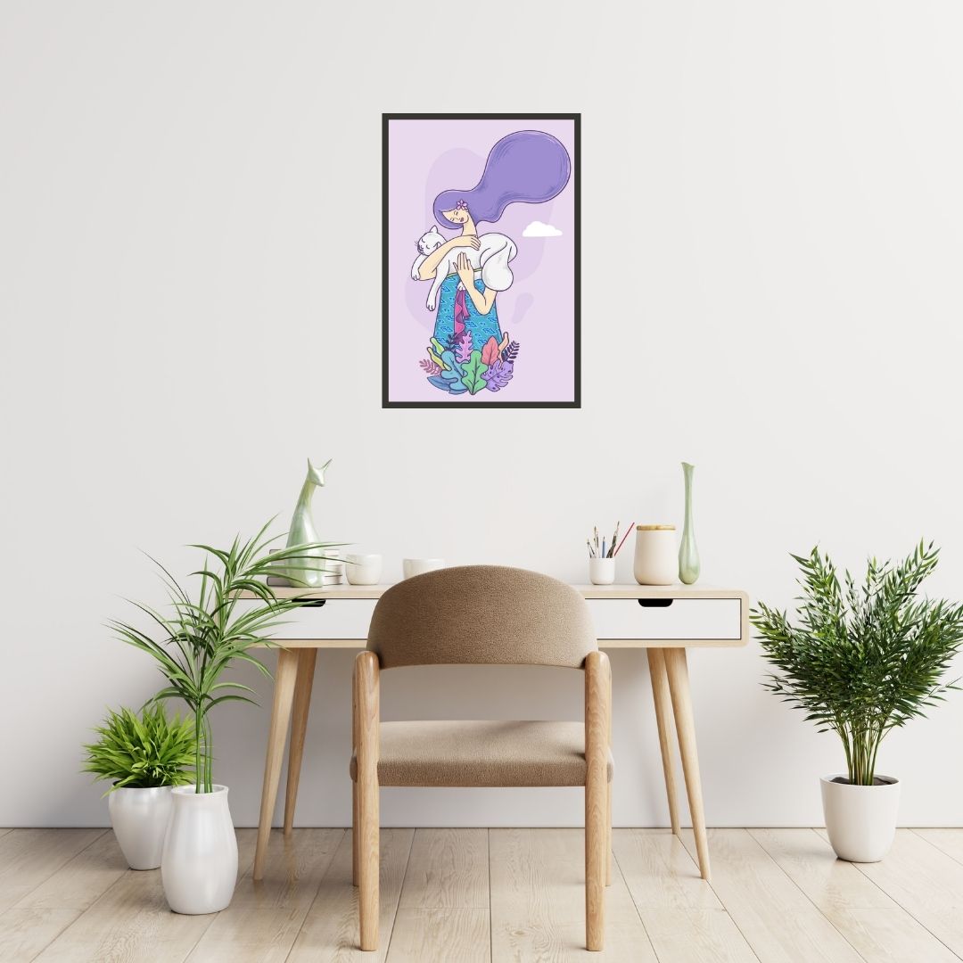 Woman with White Cat Wall Art