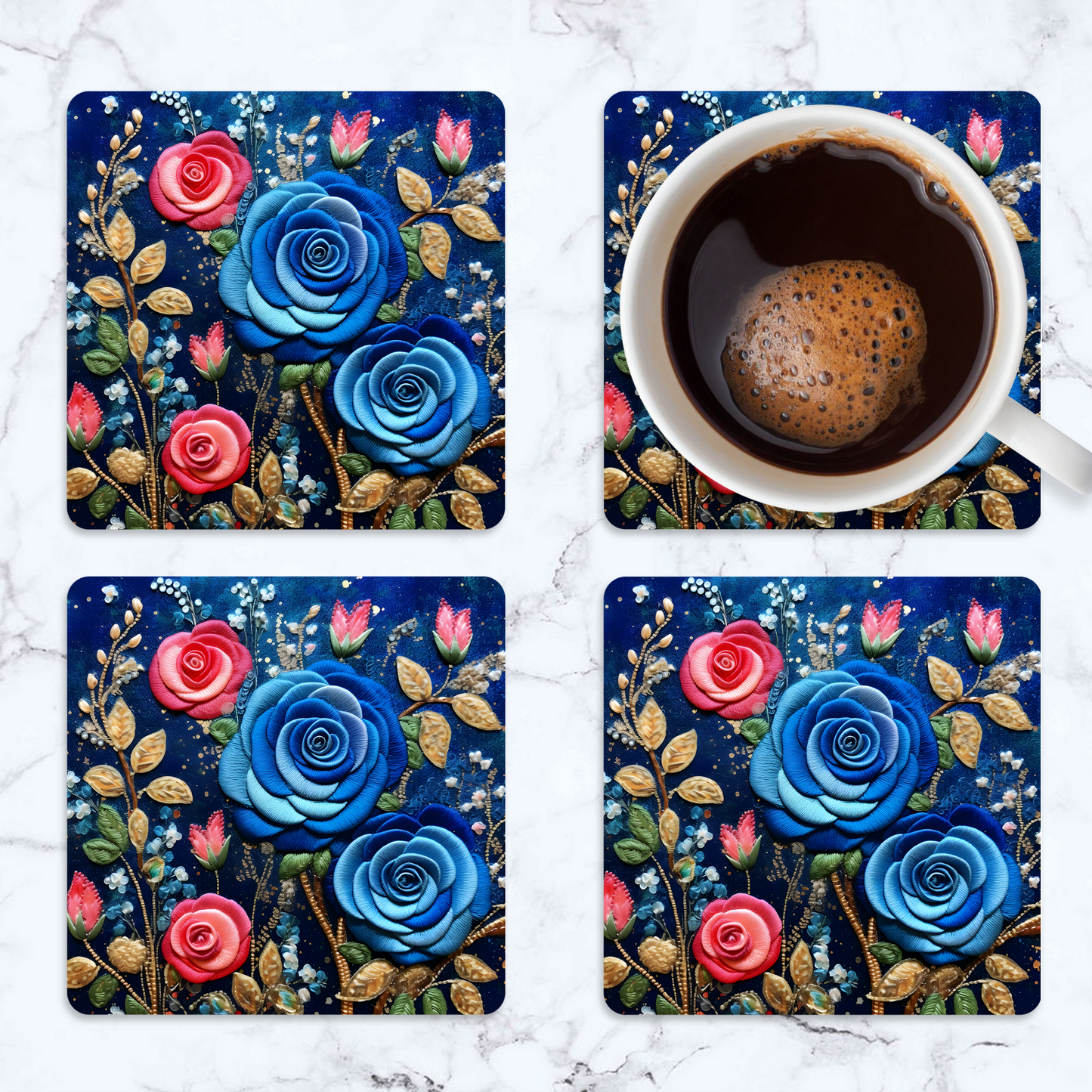 3D flowers Embroidery Design Square Coaster