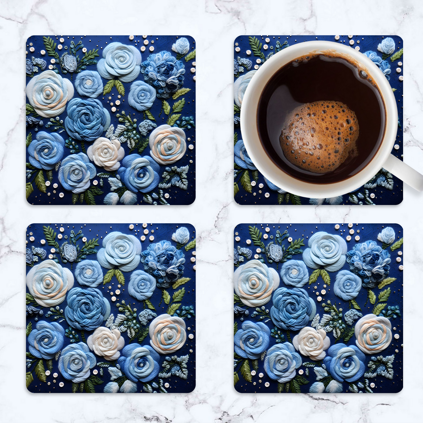 3D flowers Embroidery Design Square Coaster