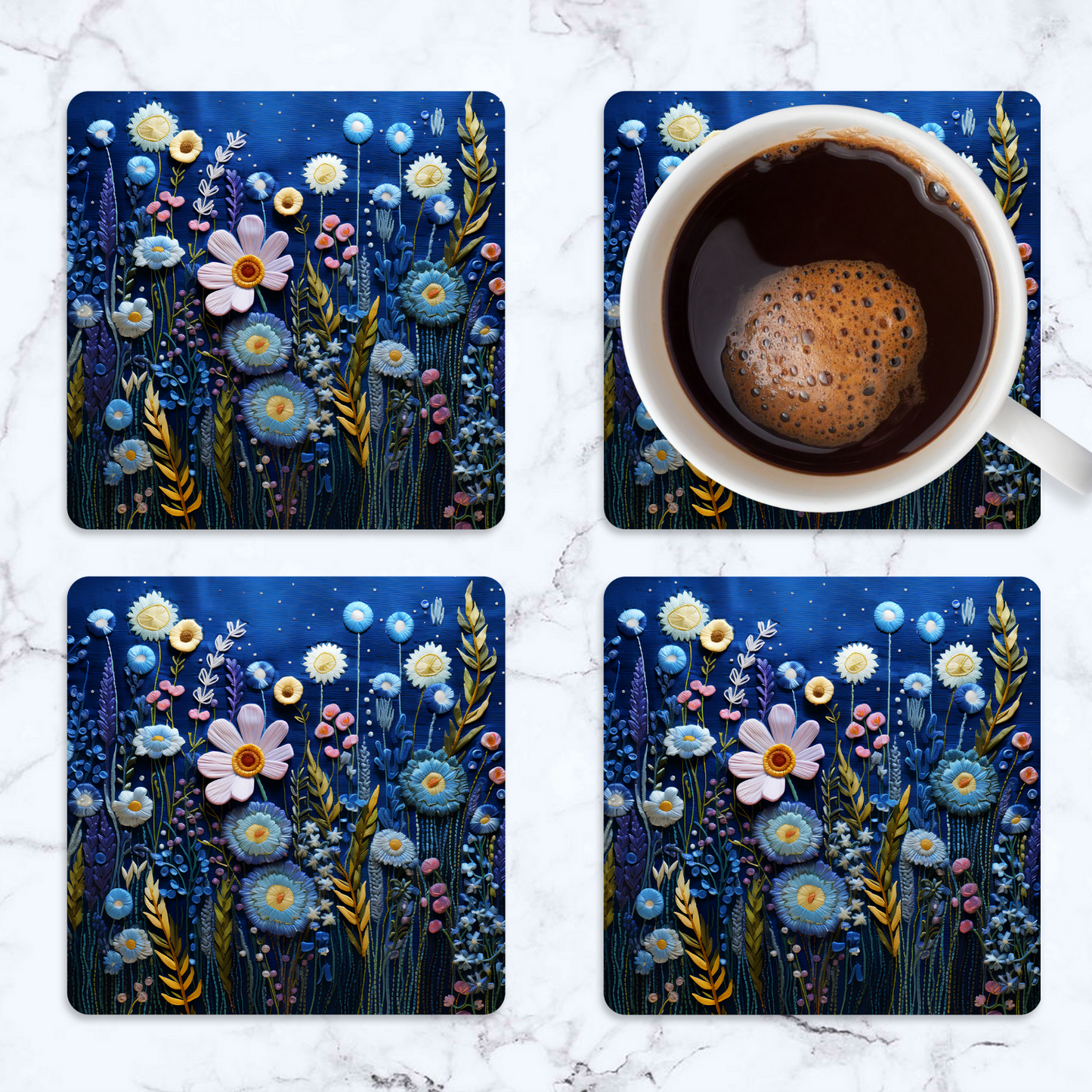 3D flowers Embroidery Design square coaster