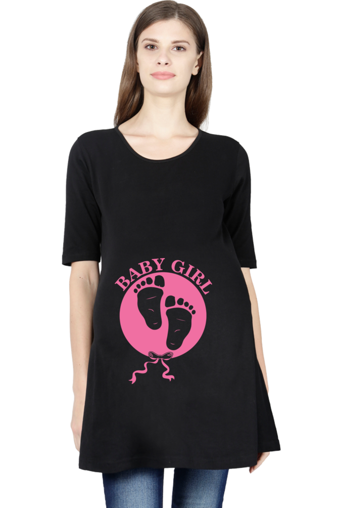 Maternity Half Sleeve T-Shirt with Baby Girl Bow Footprint Design