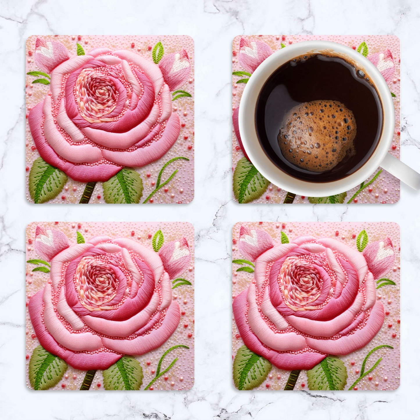 3D flowers Embroidery Design Square Coaster