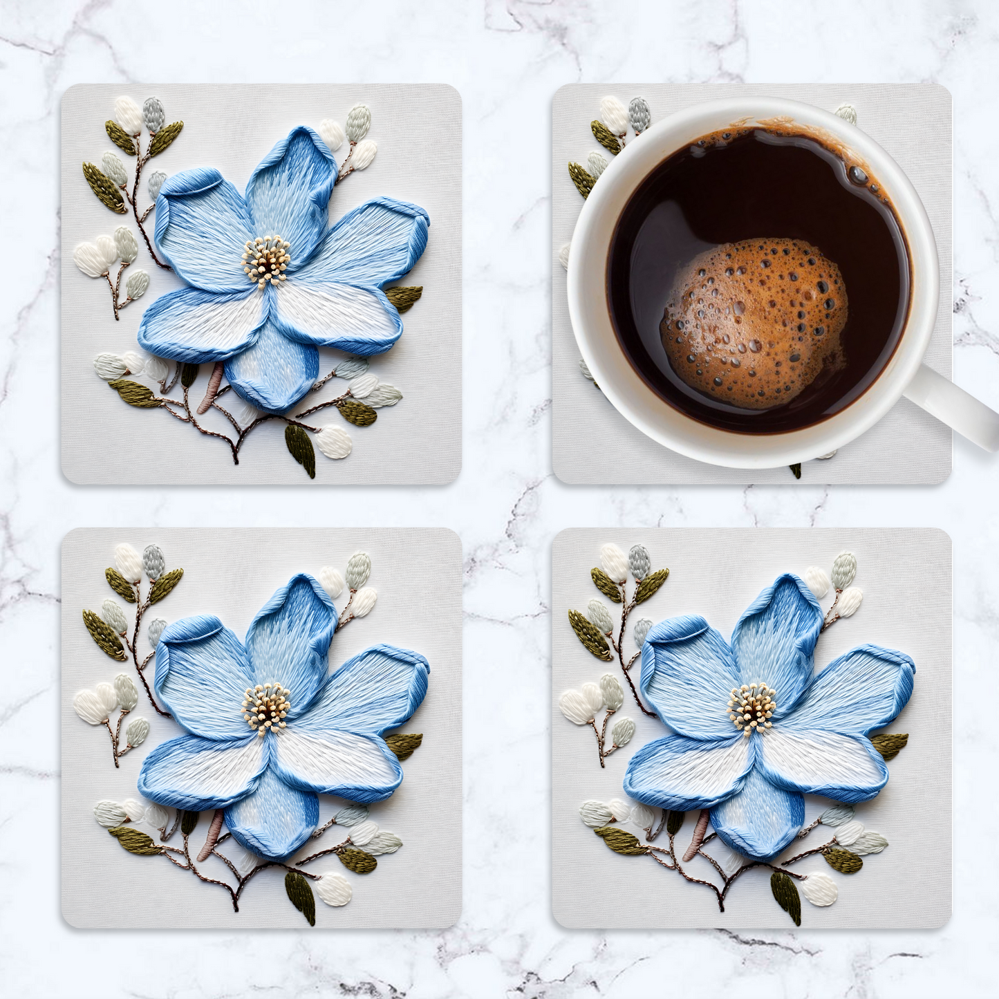3D flowers Embroidery Design Square Coaster