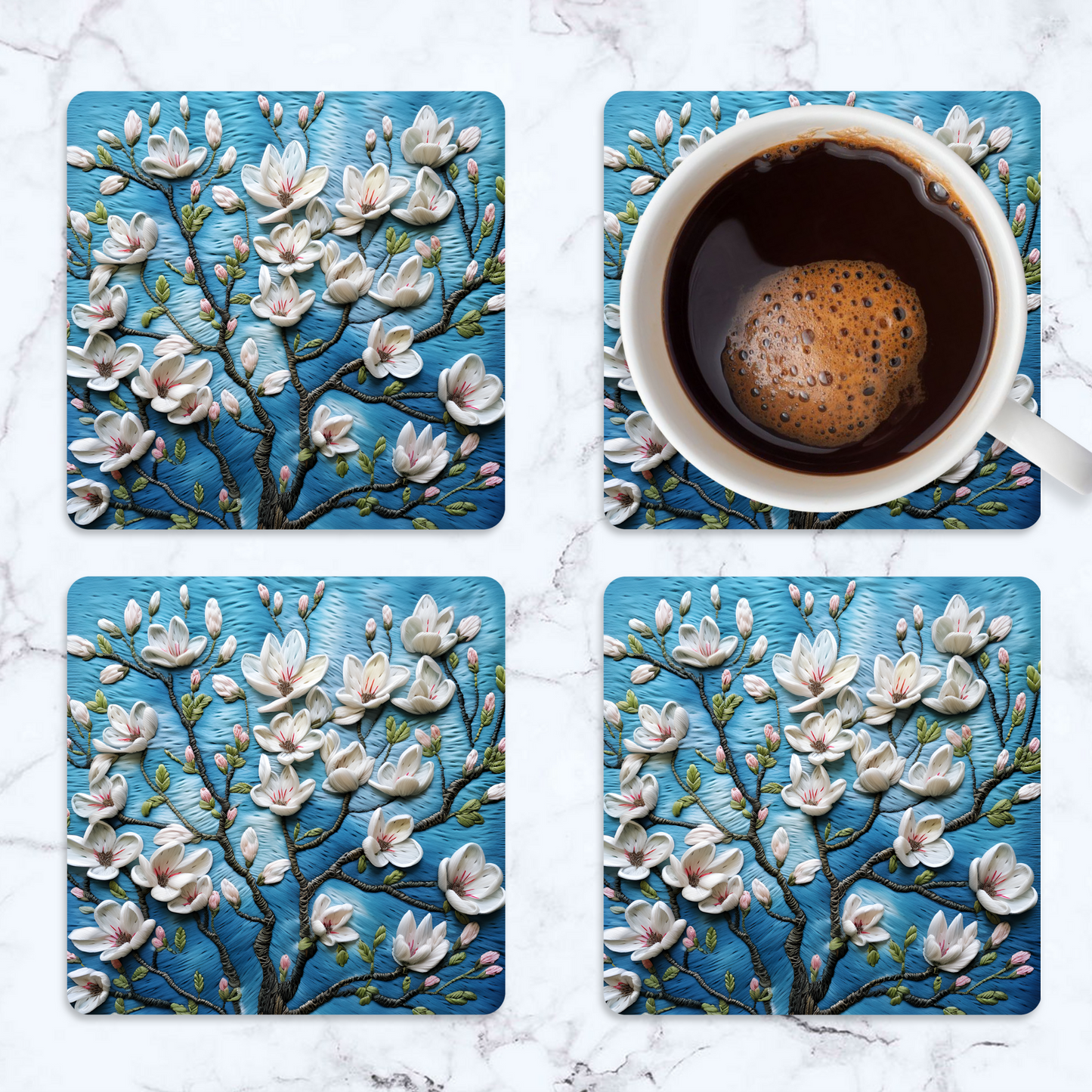 3D flowers Embroidery Design Square Coaster