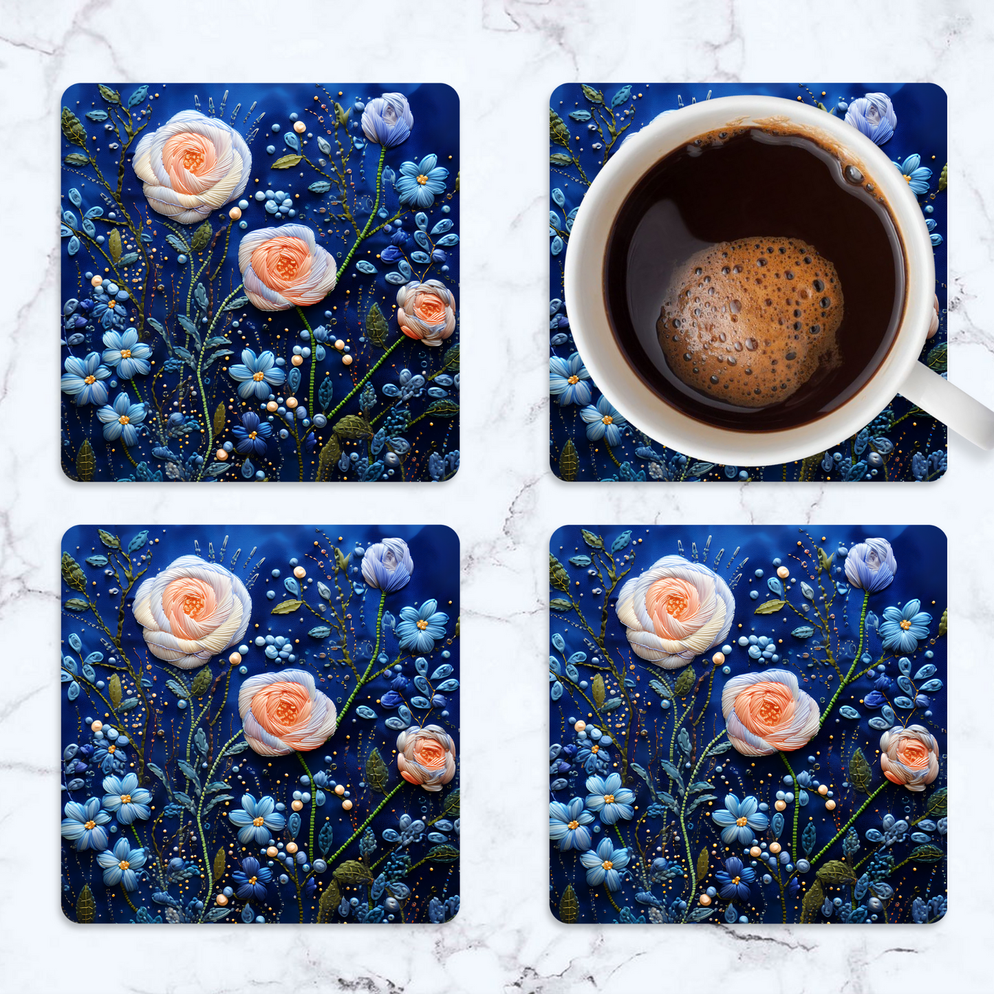 3D flowers Embroidery Design Square Coaster