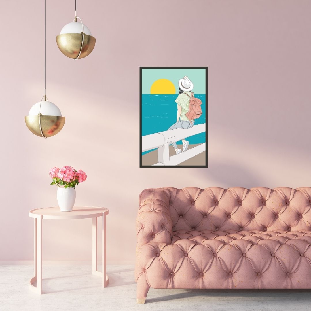 Girl Sitting Near River's Moonlit Reflection Wall Art