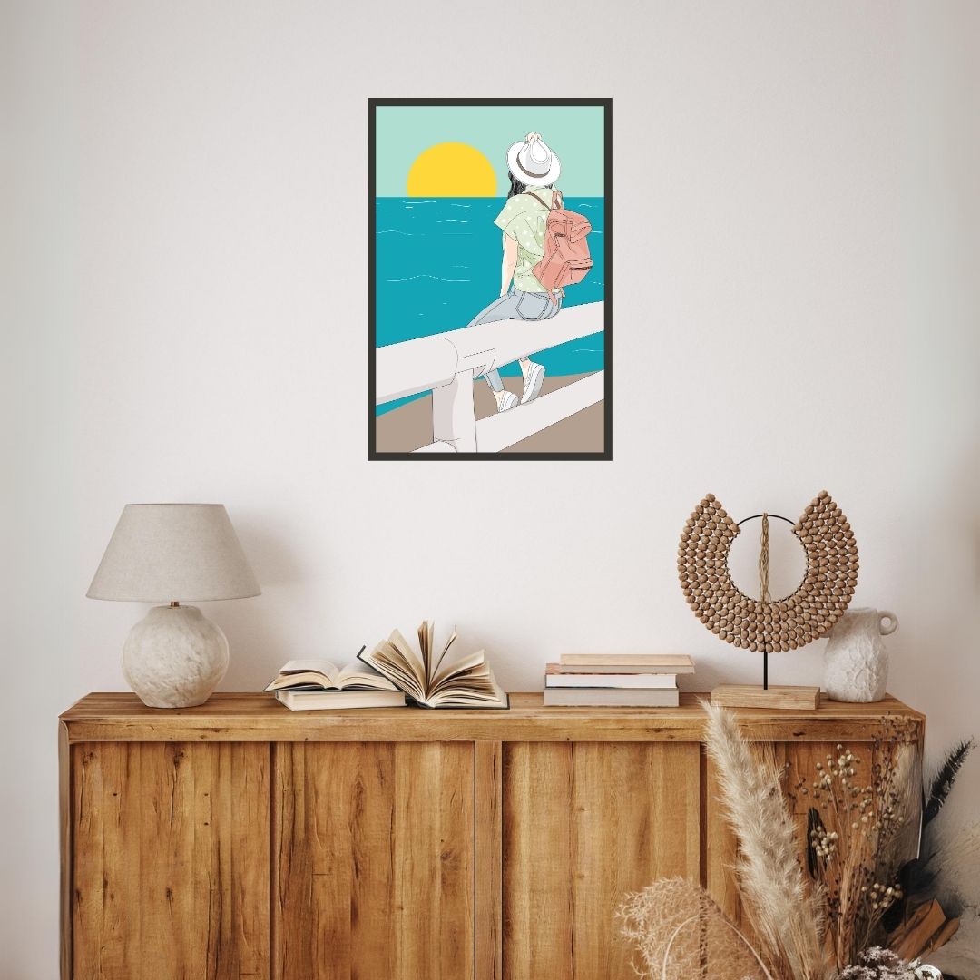 Girl Sitting Near River's Moonlit Reflection Wall Art