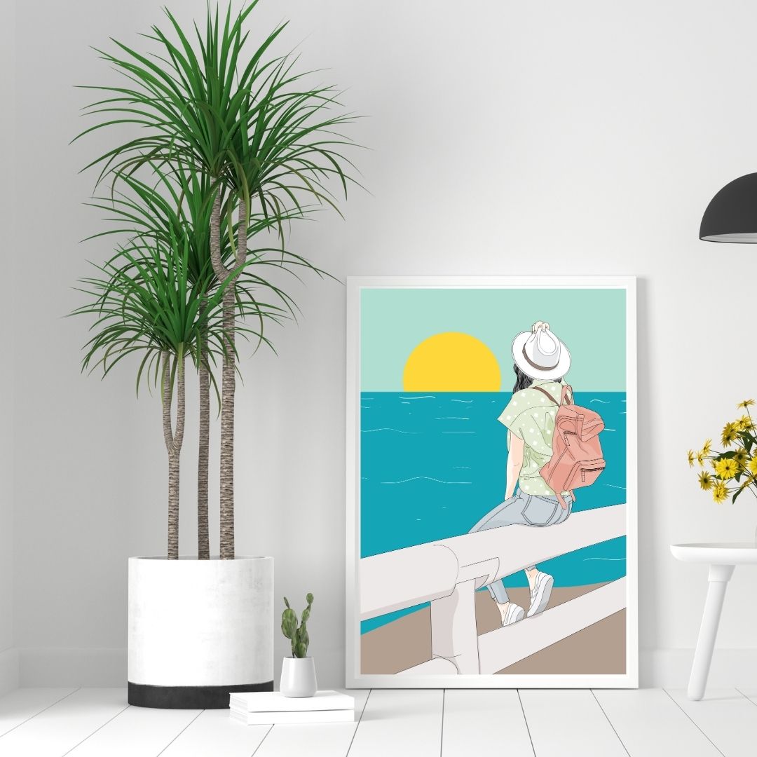 Girl Sitting Near River's Moonlit Reflection Wall Art