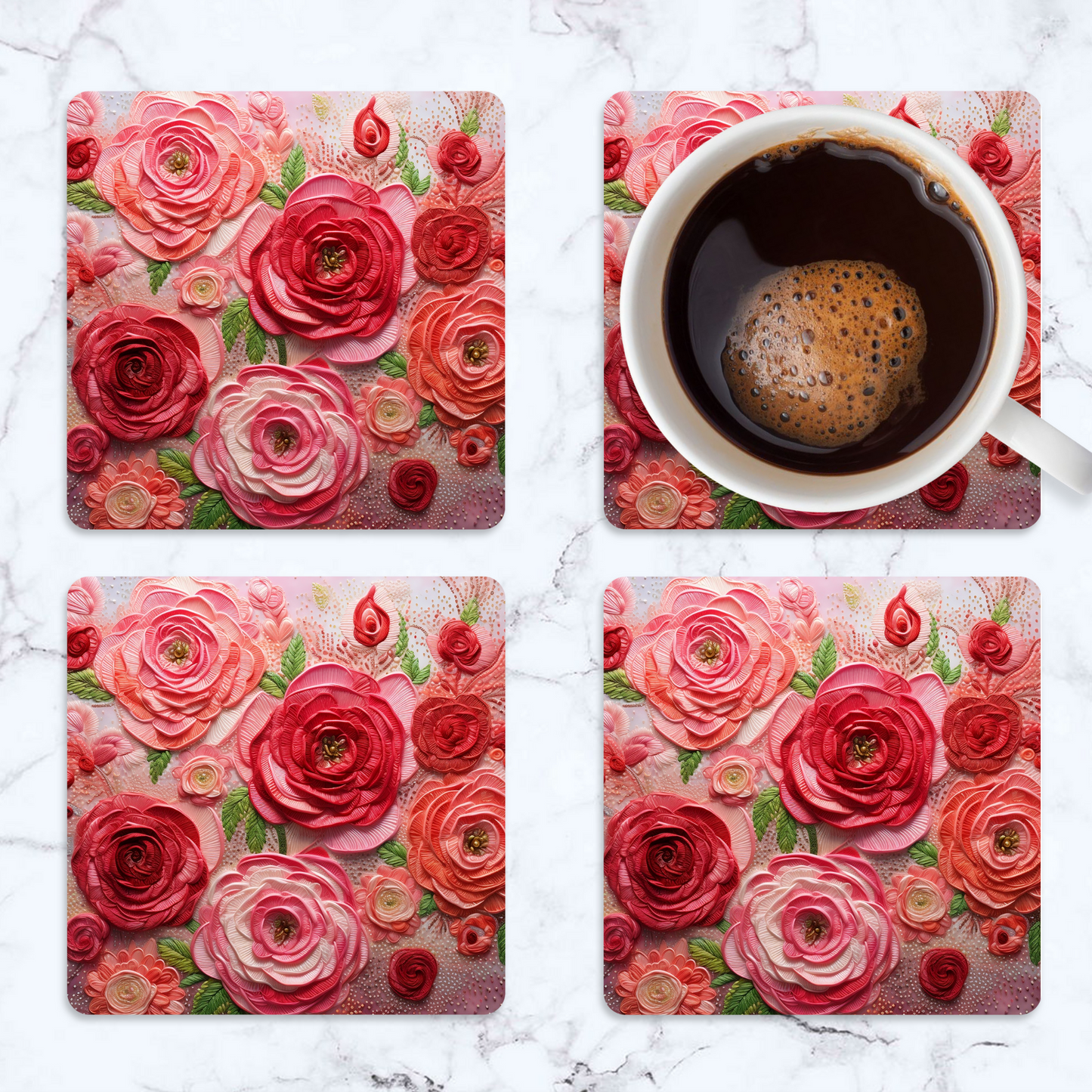 3D flowers Embroidery Design Square Coaster
