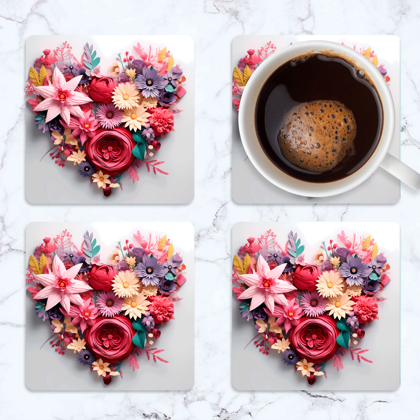 3D Flower Heart Square Coaster