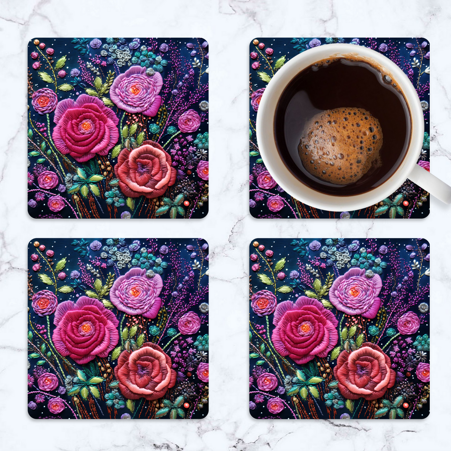 3D flowers Embroidery Design Square Coaster
