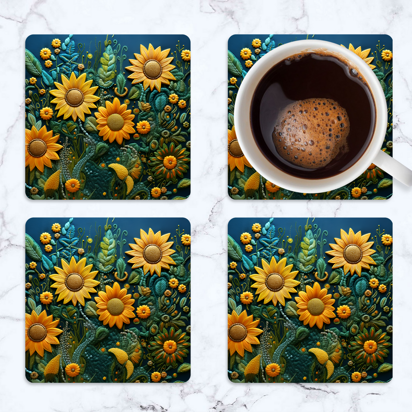 3D flowers Embroidery Design Square Coaster