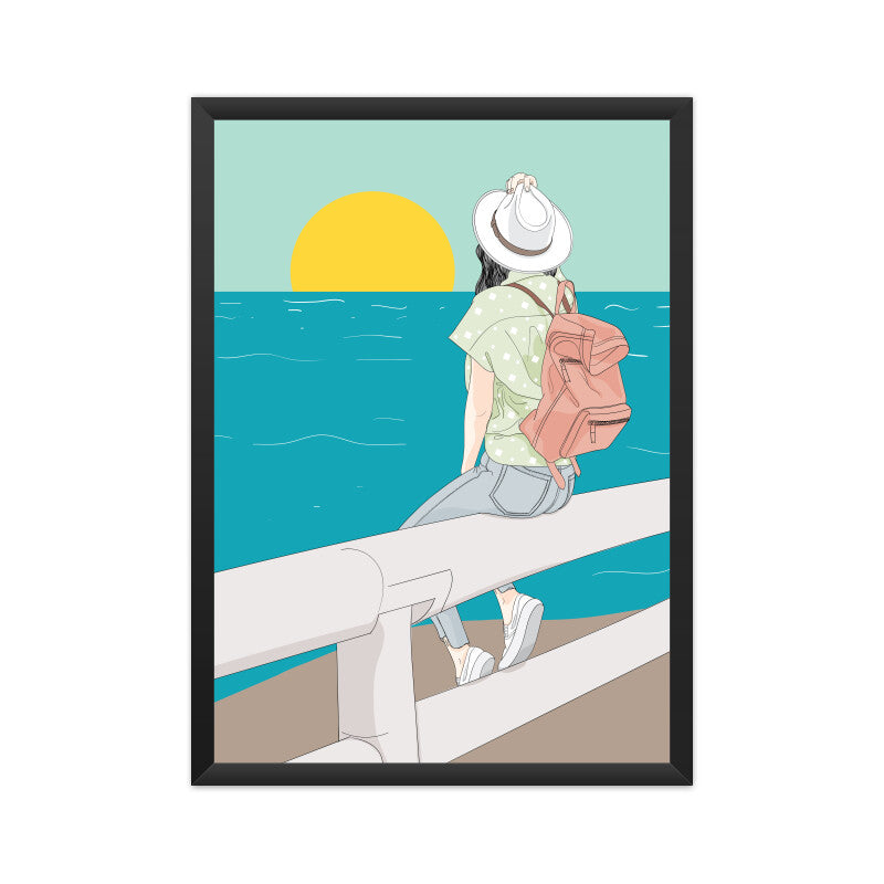 Girl Sitting Near River's Moonlit Reflection Wall Art