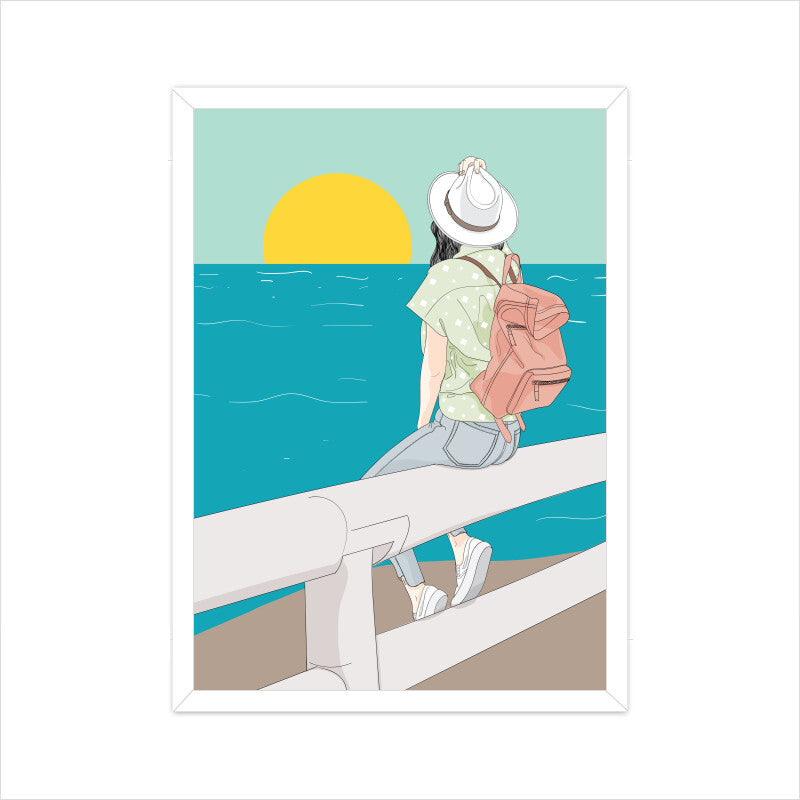 Girl Sitting Near River's Moonlit Reflection Wall Art