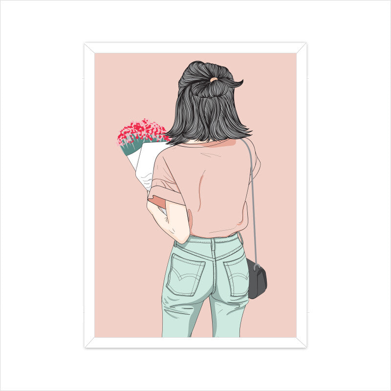 Cute Girl holding Flowers Bouquet Wall Art