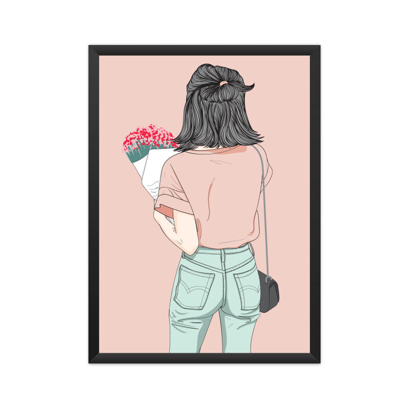 Cute Girl holding Flowers Bouquet Wall Art