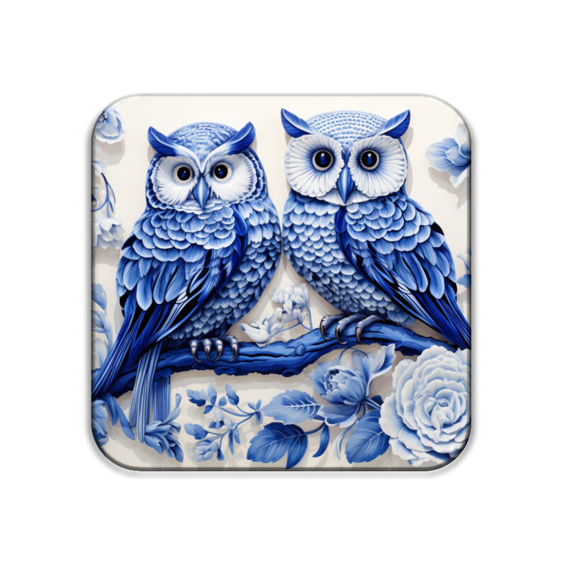 White and Blue Owls Square Coaster