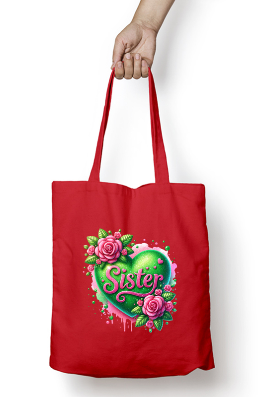 Sister Green Heart and Pink Roses- Tote Bags with Zipper