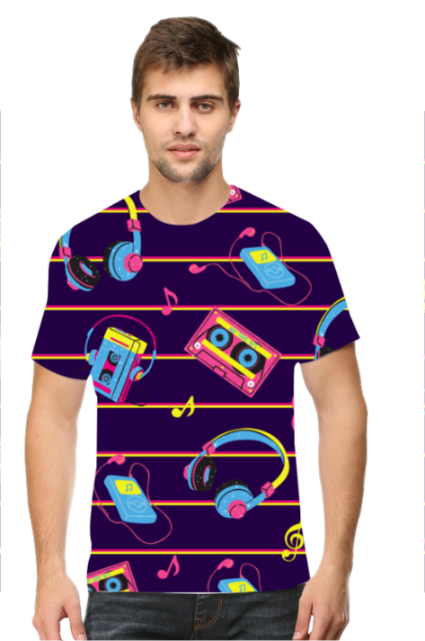 Retro Music Blue All Over Printed T-Shirt