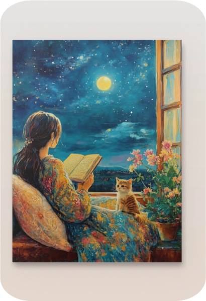 Metal poster - Cute girl reading a book with her cat