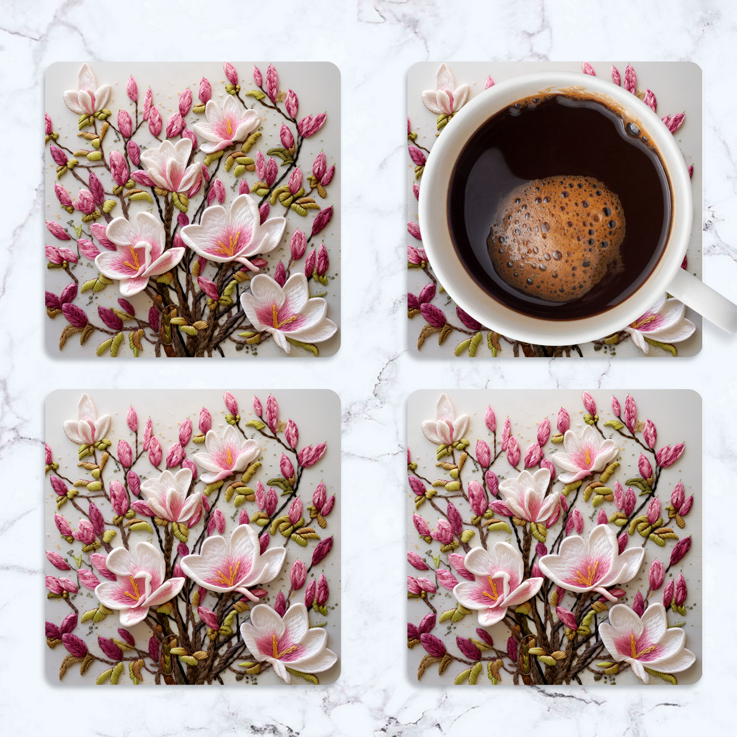 3D flowers Embroidery Design Square Coaster