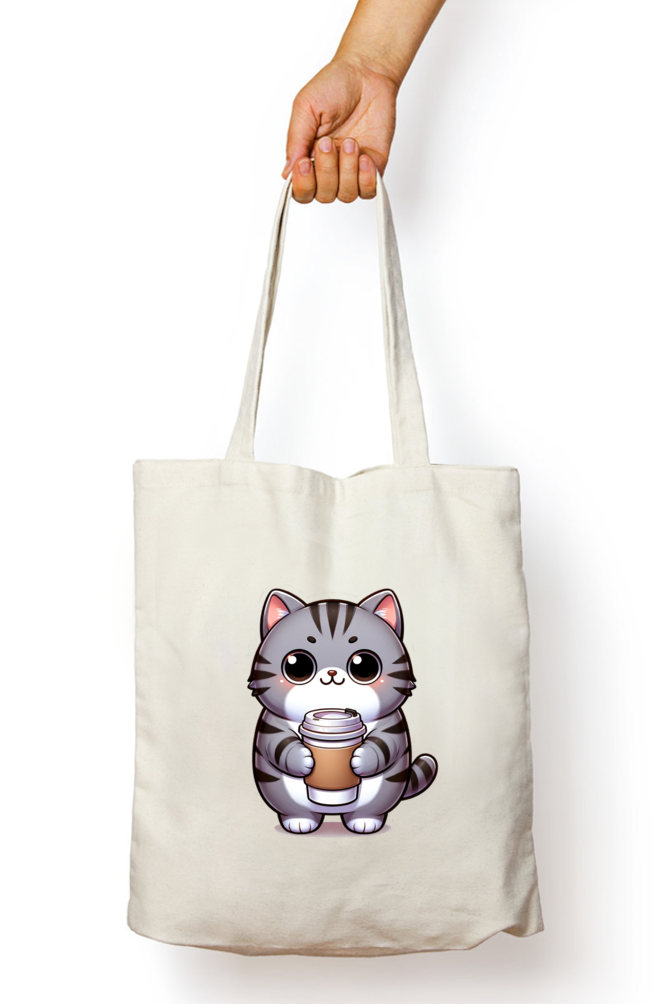Cute Cat with Coffee Tote Bags with Zipper