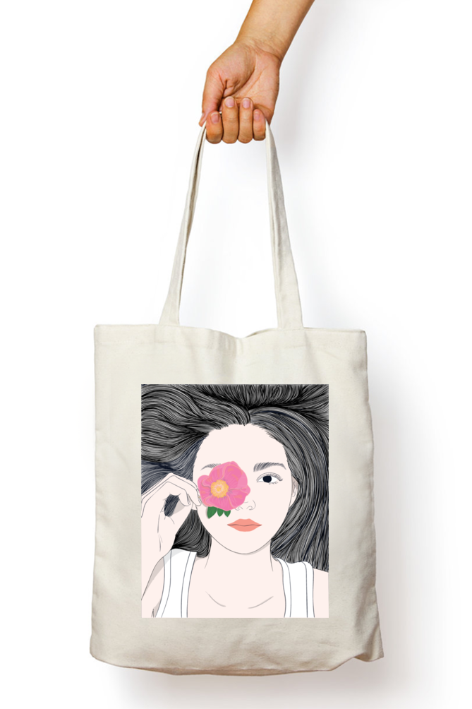 Beautiful girl with long hair and flower Tote Bags with Zipper
