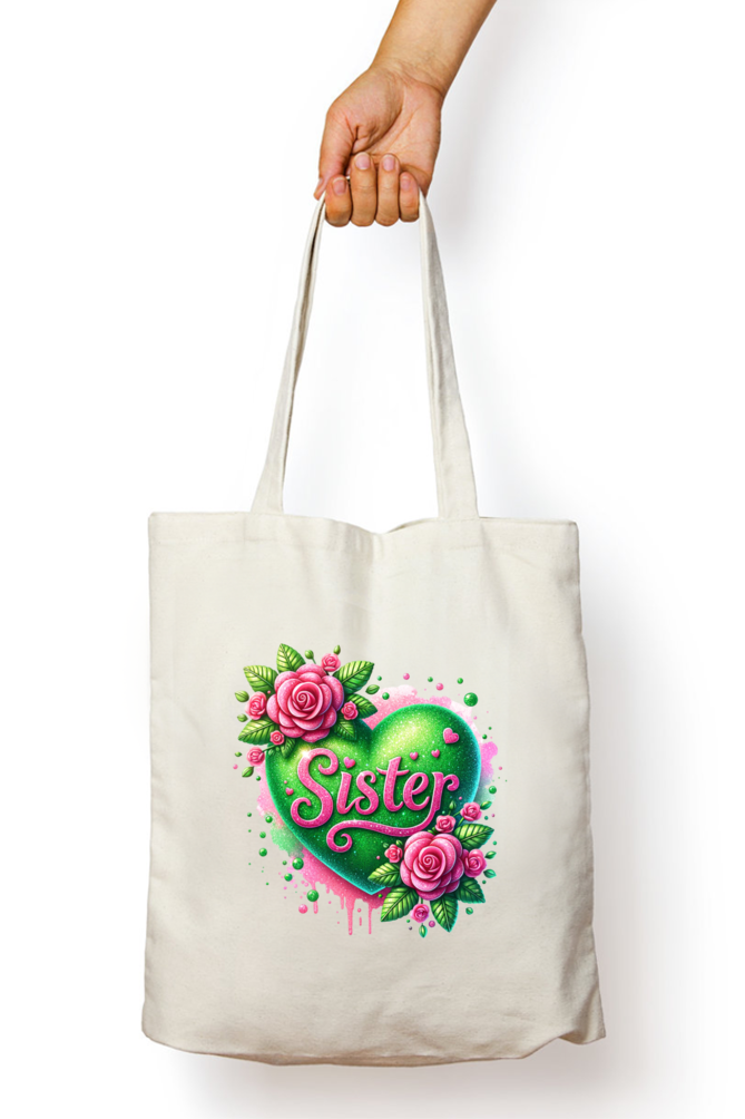 Sister Green Heart and Pink Roses- Tote Bags with Zipper