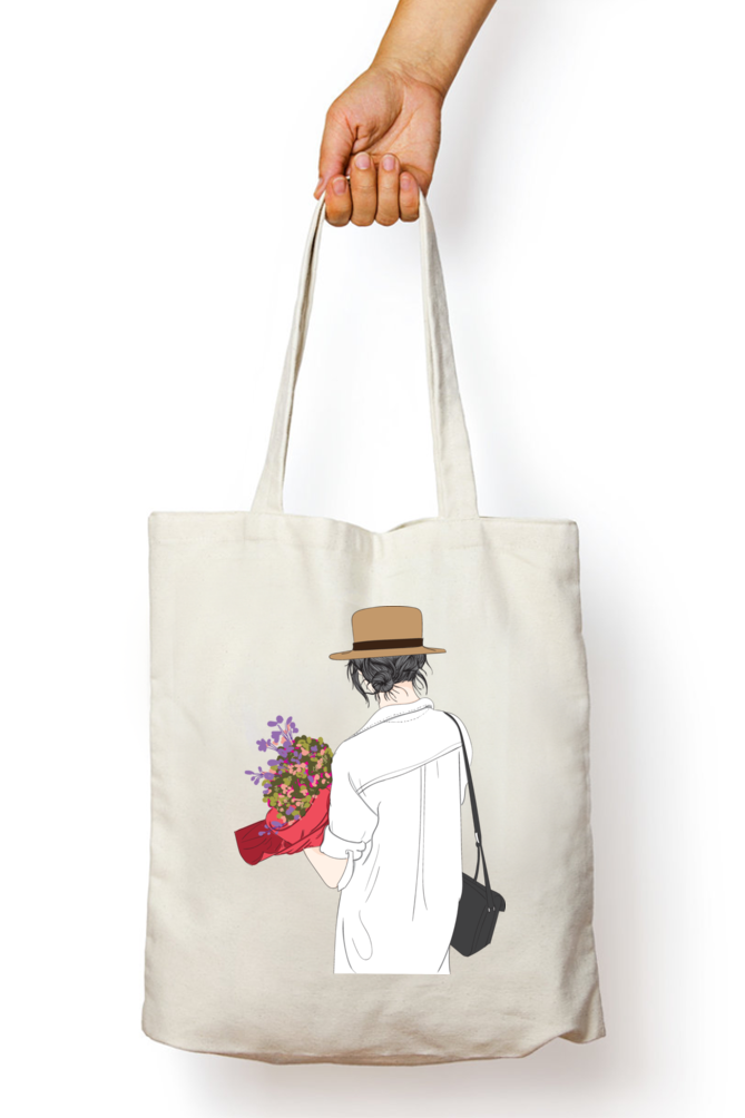 Beautiful Woman holding flower Tote Bags with Zipper