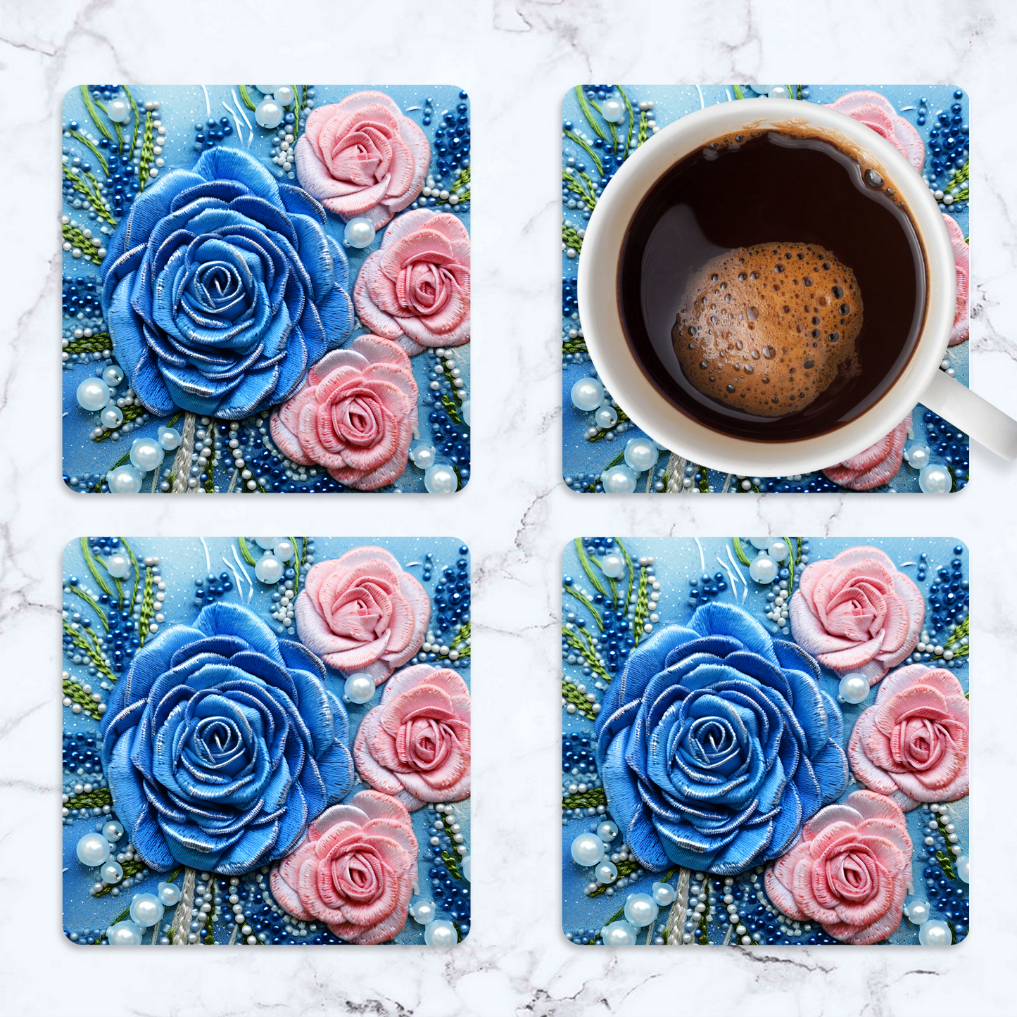 3D flowers Embroidery Design Square Coaster