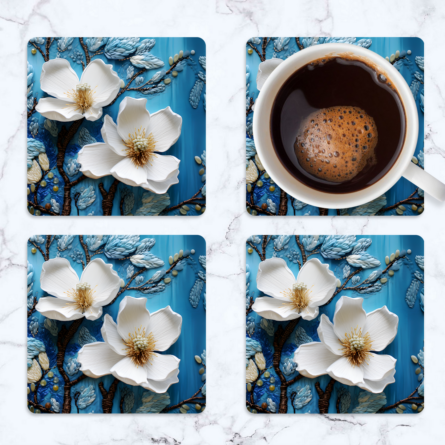 3D flowers Embroidery Design Square Coaster