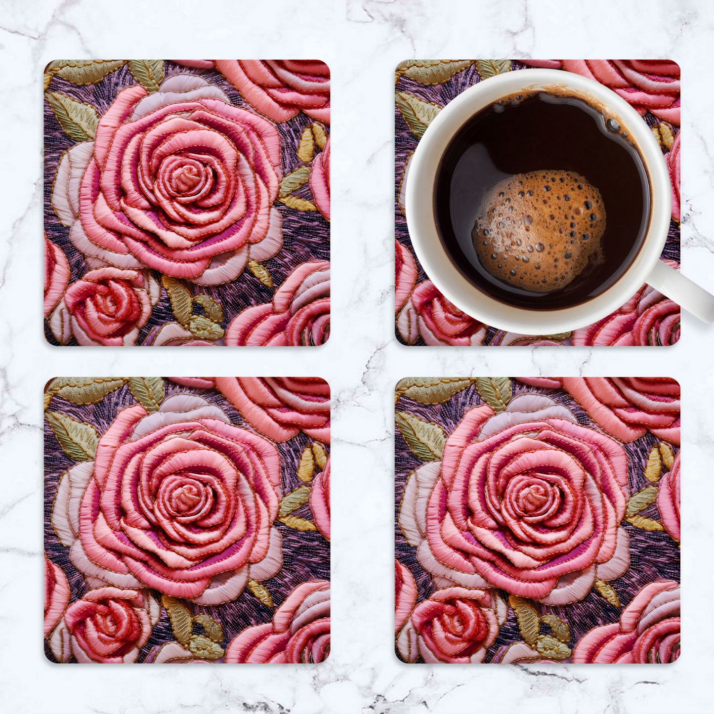 3D flowers Embroidery Design Square Coaster