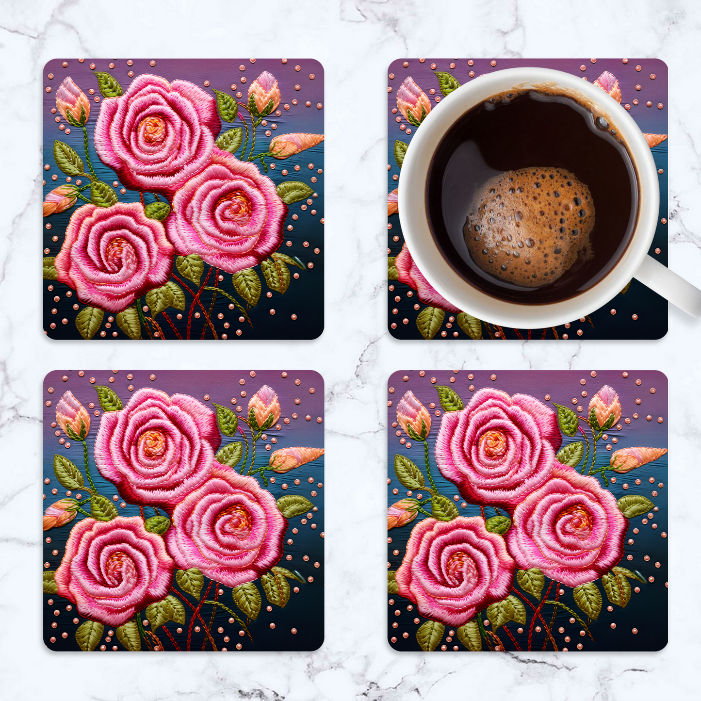 3D flowers Embroidery Design Square Coaster