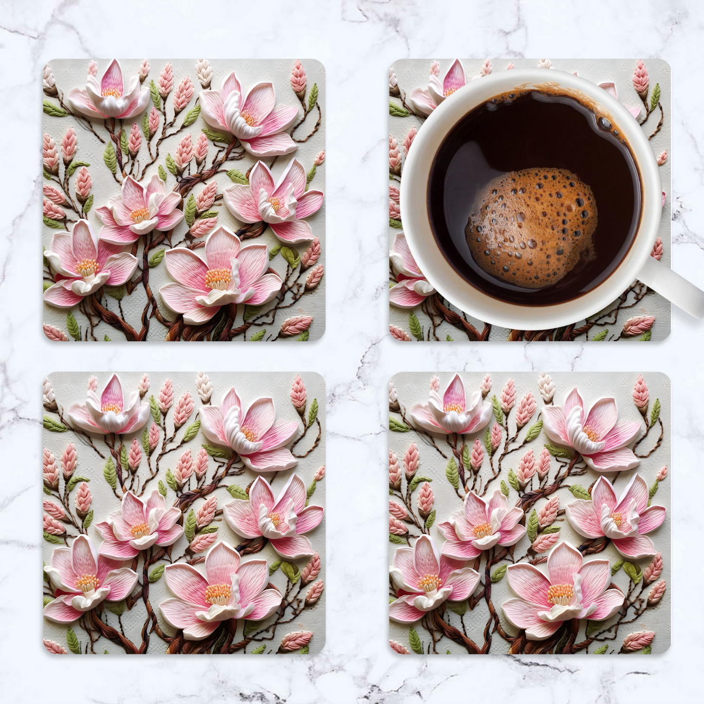3D flowers Embroidery Design Square Coaster