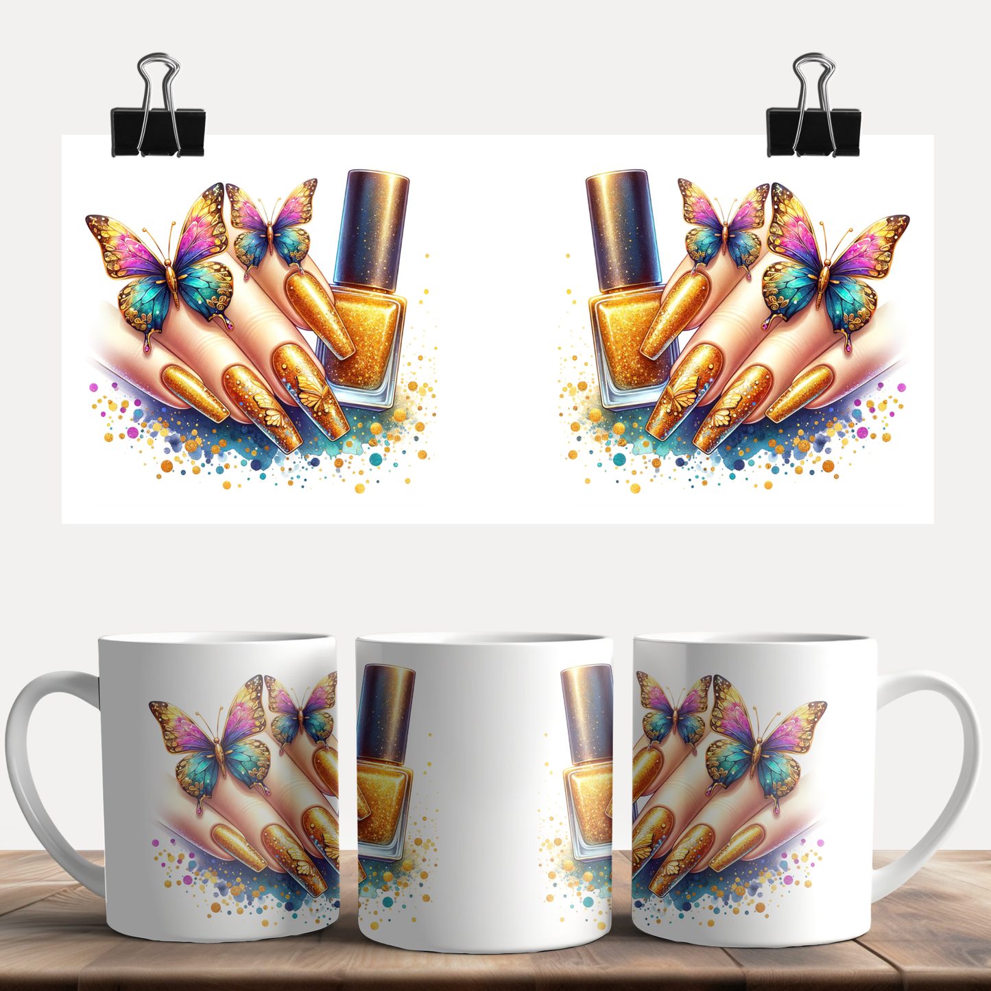 Gold Glitter Nails Butterflies Mug