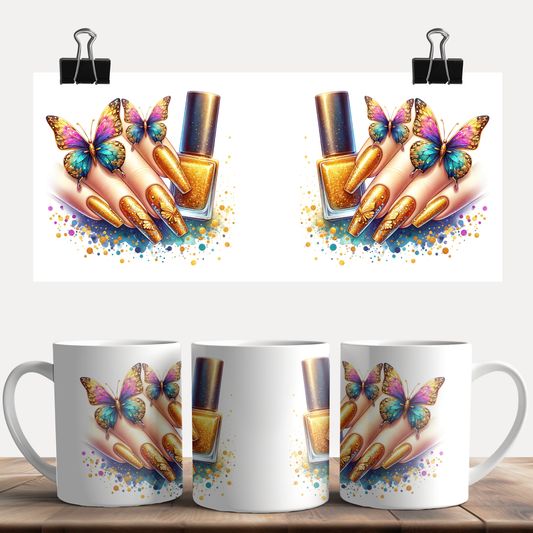 Gold Glitter Nails Butterflies Mug