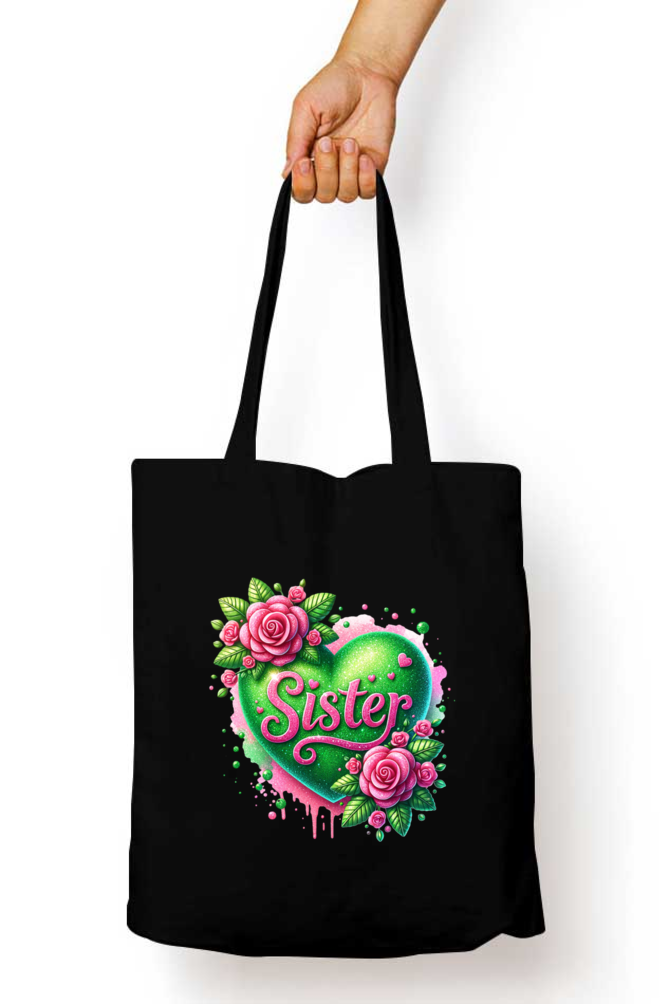 Sister Green Heart and Pink Roses- Tote Bags with Zipper