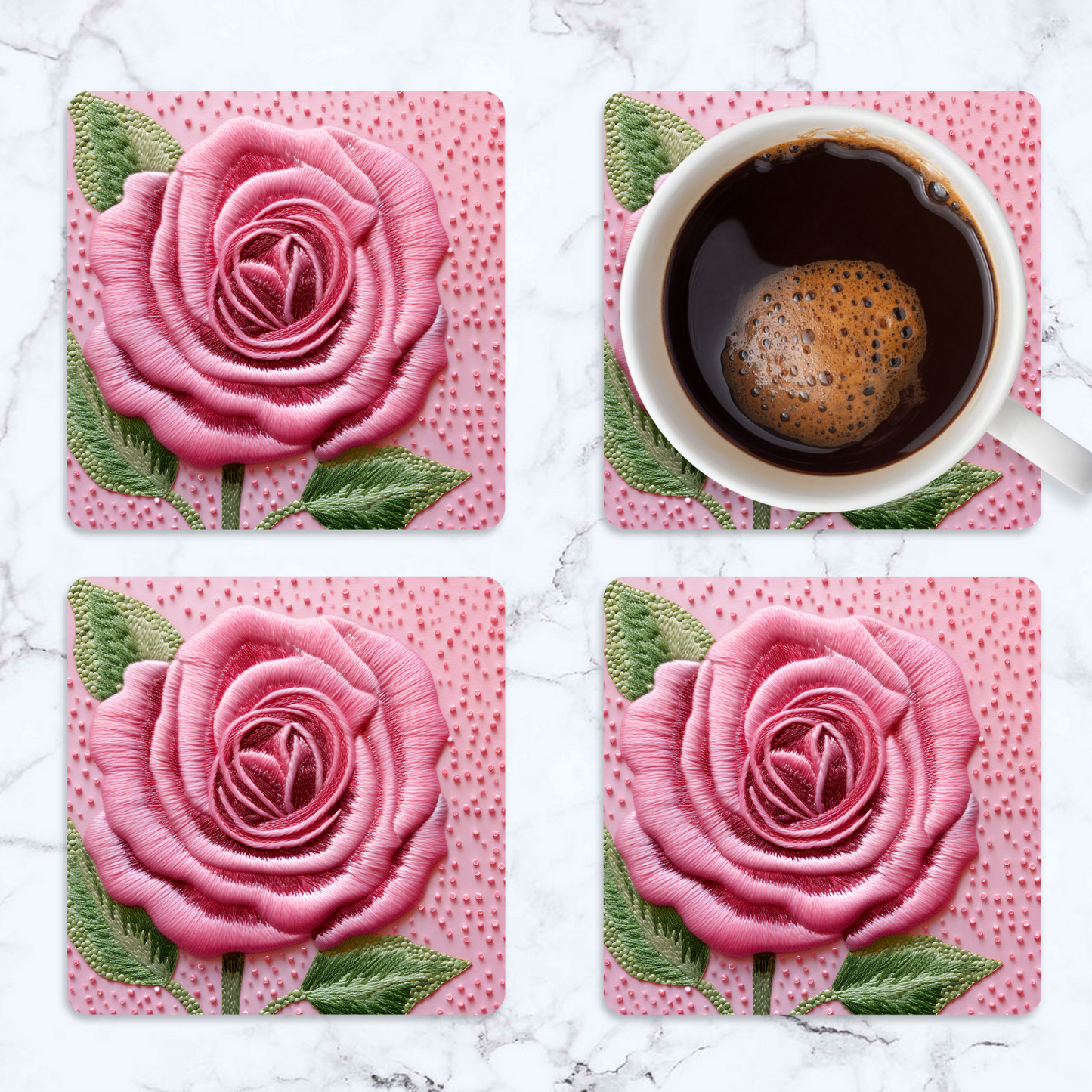 3D flowers Embroidery Design Square Coaster