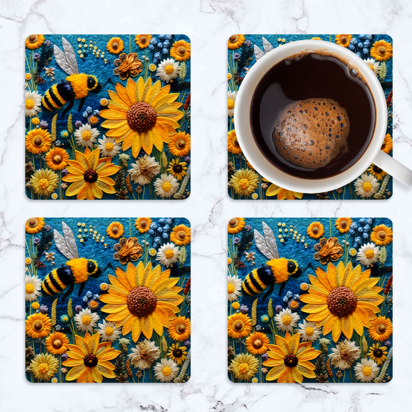 3D flowers Embroidery Design Square Coaster