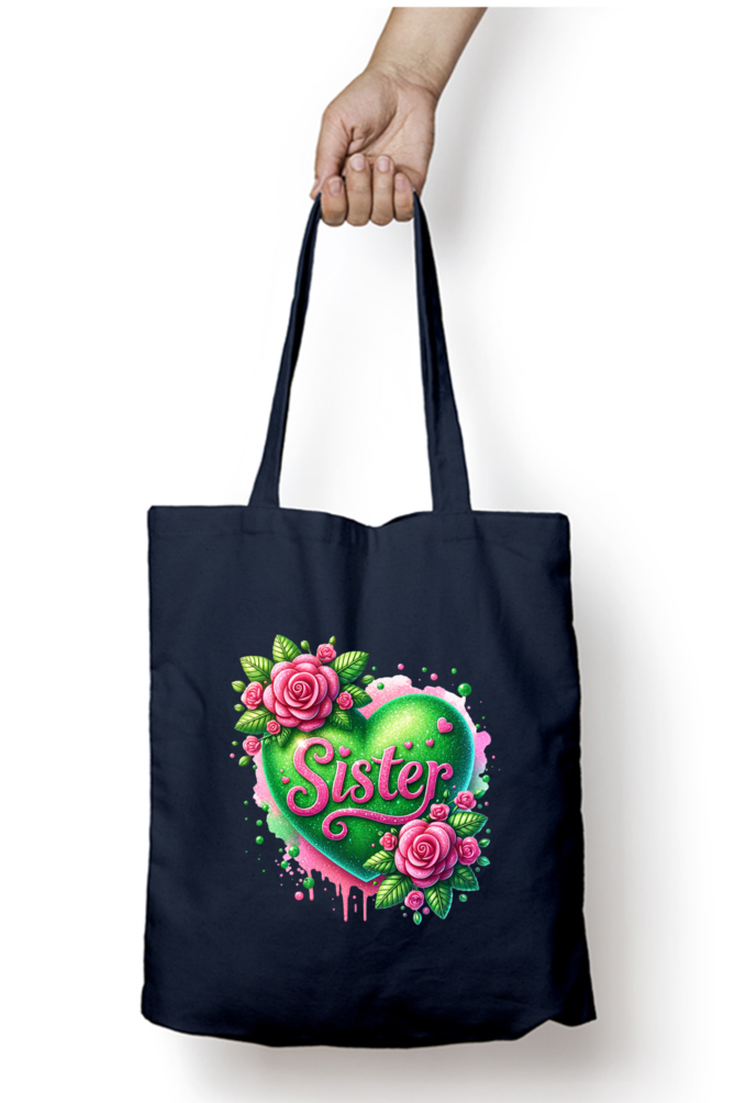 Sister Green Heart and Pink Roses- Tote Bags with Zipper