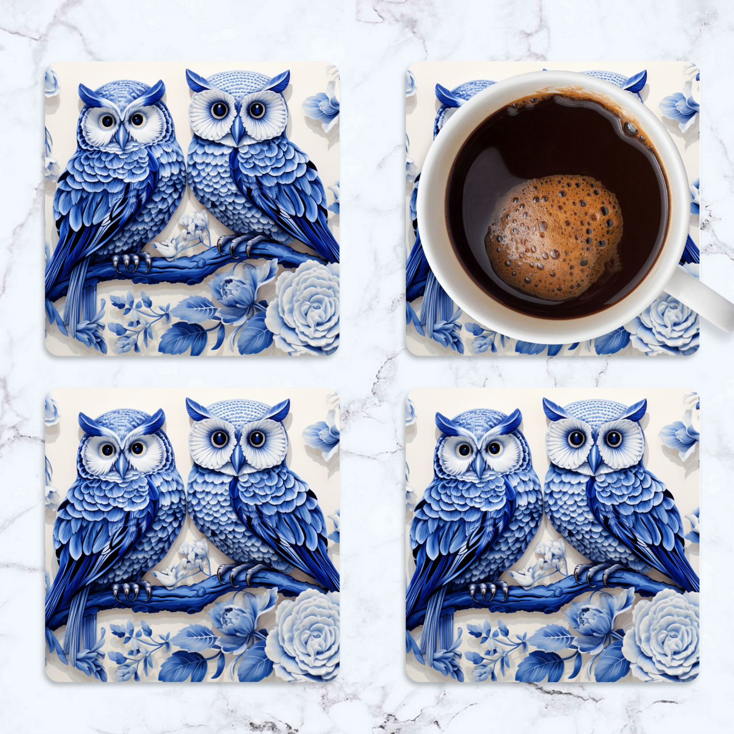 White and Blue Owls Square Coaster