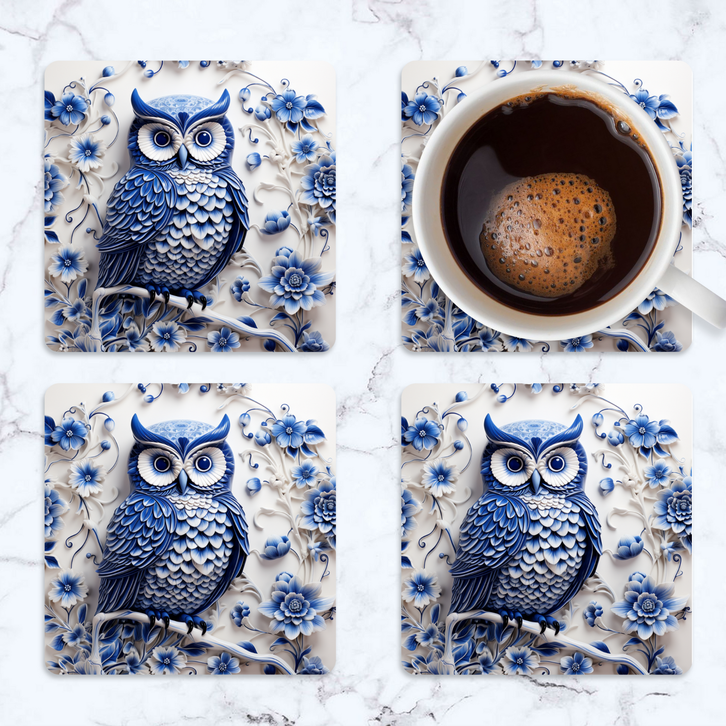 White and Blue Owls Square Coaster